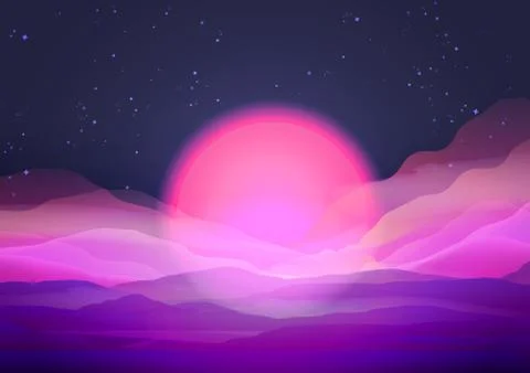 Sunset or Dawn Over the Mountains Landscape - Vector Illustration Stock Illustration