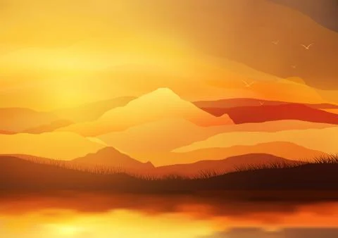 Sunset or Dawn Over the Mountains Landscape - Vector Illustration Stock Illustration