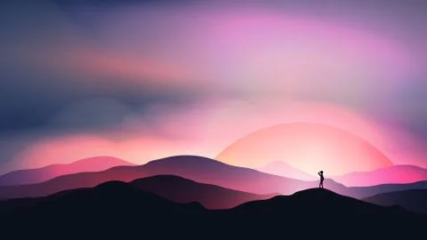 Sunset or Dawn Over Mountains with Man Staring into the Distance Landscape -  Stock Illustration