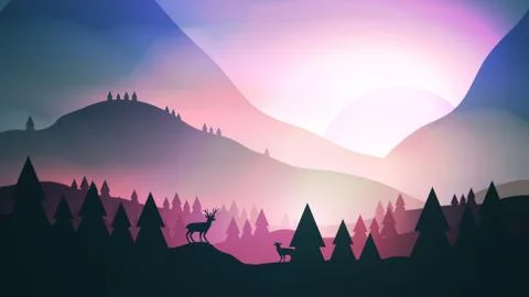Sunset or Dawn Over Mountains with Stag on Hill Top Pine Forest Landscape - V Illustrazione stock
