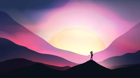Sunset or Dawn Over Mountains with Man Staring into the Distance Landscape -  Stock Illustration
