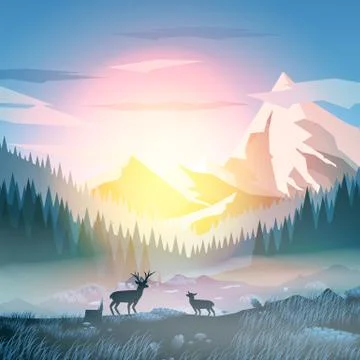Sunset or Dawn Over Mountains with Stag on Hill Top Pine Forest Landscape - V Stock Illustration