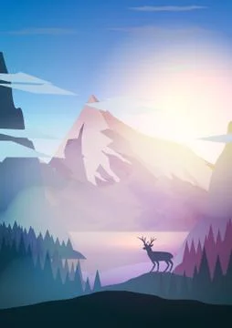 Sunset or Dawn Over Mountains with Stag on Hill Top Pine Forest Landscape - V Stock Illustration