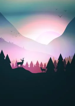 Sunset or Dawn Over Mountains with Stag on Hill Top Pine Forest Landscape - V Stock Illustration