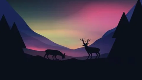 Sunset or Dawn Over Mountains with Stag on Hill Top  Landscape - Vector Illus Stock Illustration