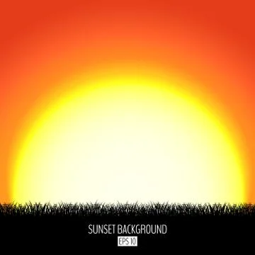 Sunset or sunrise abstract background with black grass silhouette. Burning su Stock Illustration