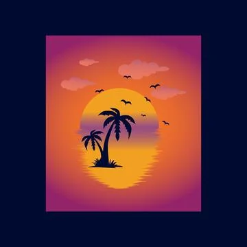 Sunset or sunrise on the beach with palm trees Vector illustration Stock Illustration