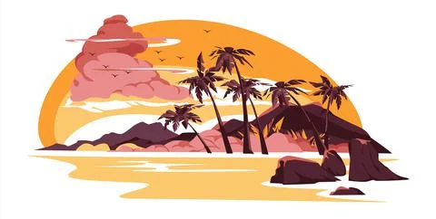 Sunset or sunrise on beach, tropical landscape with palm trees on seaside under  Stock Illustration