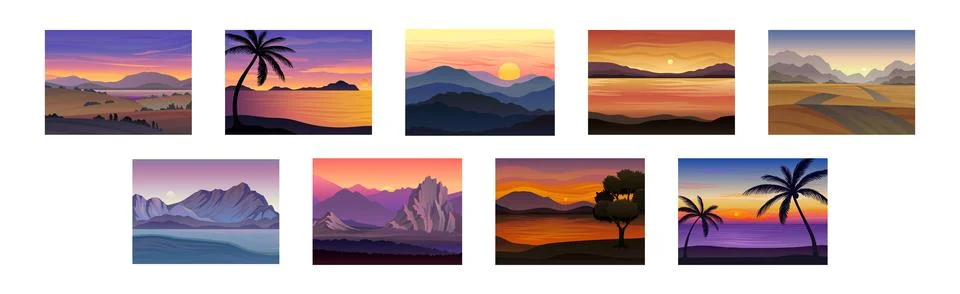 Sunset or Sunrise Horizontal Landscape View Vector Set Stock Illustration