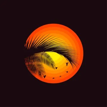 Sunset or sunrise logo with palm leaves silhouette. Tropical background. Resort Illustrazione stock