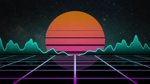 Sunset or sunrise, neon grid, starry background. sci-fi futuristic cyberpunk Stock-Footage 328123591