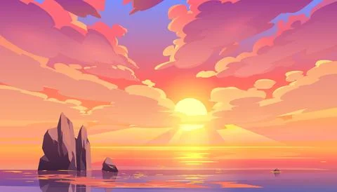 Sunset or sunrise in ocean, nature landscape. Stock Illustration