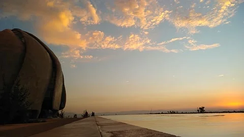 Sunset outside the Bahai Temple close to Santigao city, Chile Stock Footage 149002145