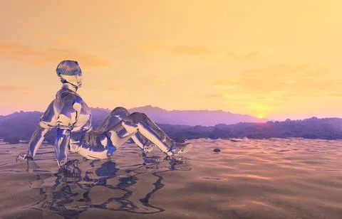 Sunset over 3D Rendered Illustation Rocky Mountain Range and Liquid Man Resti Stock Photos