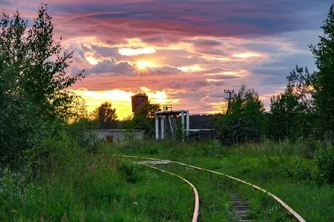 Sunset Over Abandoned Tracks Stock Photos