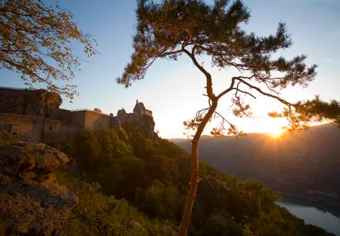 Sunset over aggstein castle in lower austria Stock Photos