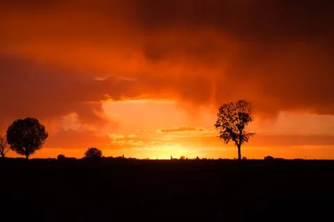 Sunset over agricultural green field - August 2016 - Italy, Bologna, Medicina Stock Photos