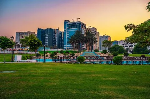 Sunset over Al Mathaf Park and Doha Skyline, Qatar Stock Photos