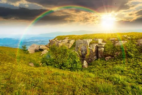 Sunset over alpine meadow in summer nature Fotos Stock