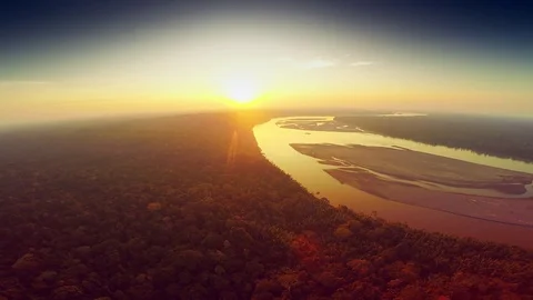 Sunset over the Amazon,  Aerial Shot Stock Footage 73277001