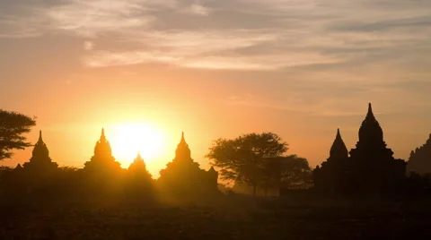 Sunset over ancient Buddhist Temples. Bagan, Myanmar Stock Footage 46693049