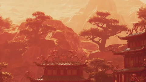 Sunset over ancient buildings with trees and mountains in background Stock Footage 344175919