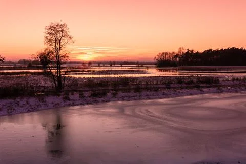 Sunset over the backwaters of the Widawa River Stock Photos