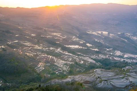 Sunset over Bada rice terraces in Yuanyang rice terraces, Yunnan, China Stock Photos