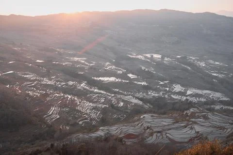 Sunset over Bada rice terraces in Yuanyang rice terraces, Yunnan, China Stock Photos