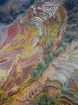 Sunset over Bada rice terraces in Yuanyang rice terraces, Yunnan, China, aeri Stock Photos