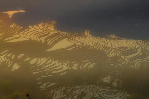 Sunset over Bada rice terraces in Yuanyang rice terraces, Yunnan, China. Pa.. Stock Photos