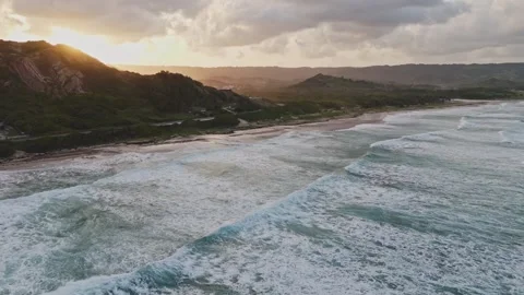 Sunset Over Barbados Atlantic Coast With Waves Crashing on Tropical Shore Видео 347635246