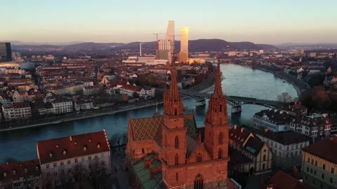 Sunset over Basel old town and Rhine river Vidéo 245799258