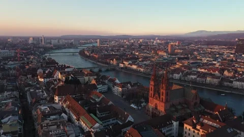 Sunset over Basel old town and Rhine river Vidéo 245887579
