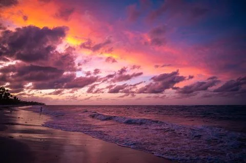 Sunset over Bavaro Beach, dramatic sunset sky, Punta Cana, Dominican Republic Stock Photos
