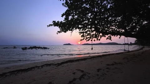 Sunset over beach with tree silhouette, hanging swing and turquoise water Stock Footage 332763614