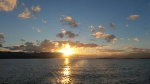 Sunset over Beagle Channel viewed from stern of expedition cruise ship Stock-Footage 335277902