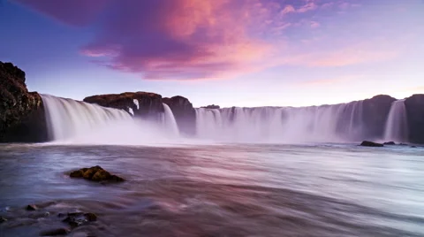 Sunset over beautiful waterfall 4K timelapse, godafoss Iceland Video stock 60969534