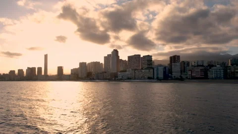 Sunset over Benidorm and Poniente beach in Spain Stock Footage 155243603