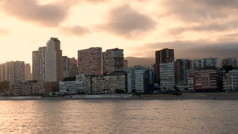 Sunset over Benidorm and Poniente beach in Spain Stock Footage 155243793