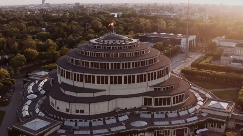 Sunset over big, spherical building. Architecture, symmetry. Stock Footage 146098878