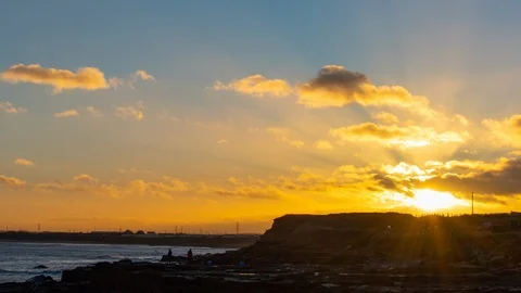 Sunset over Blyth and Cambois by the coast, time lapse Stock Footage 101194277