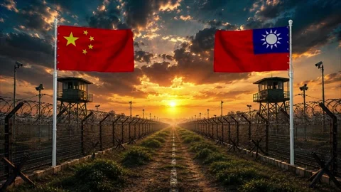 Sunset over border fence between China and Taiwan. Stock Footage 340418672
