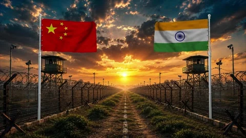 Sunset over border fence with flags of China and India. Stock Footage 340418674