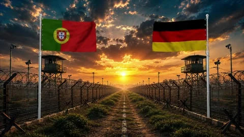Sunset over a border fence with flags of Portugal and Germany. Stock Footage 340418709