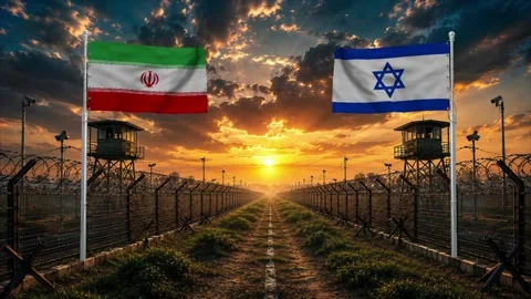 Sunset over a border fence with Iran and Israel flags. Stock Footage 340418593