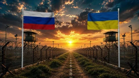 Sunset over a border fence with Russian and Ukrainian flags. Stock Footage 340418592