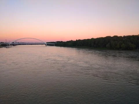 Sunset over the bridge, Bratislava Stock Photos