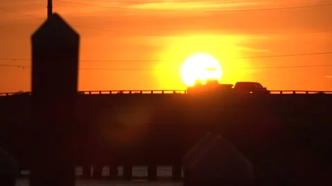 Sunset over a busy bridge in the Florida Keys Stock Footage 143097148