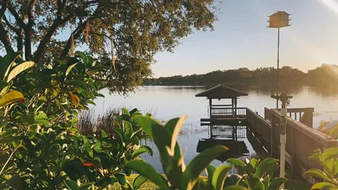 Sunset Over Calm Lake with Dock in View Stock Footage 295662813